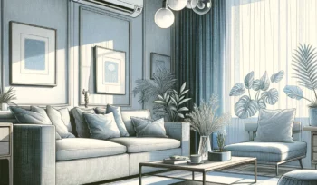 dessin illustrant un climatiseur réversible dans le salon d'un appartement